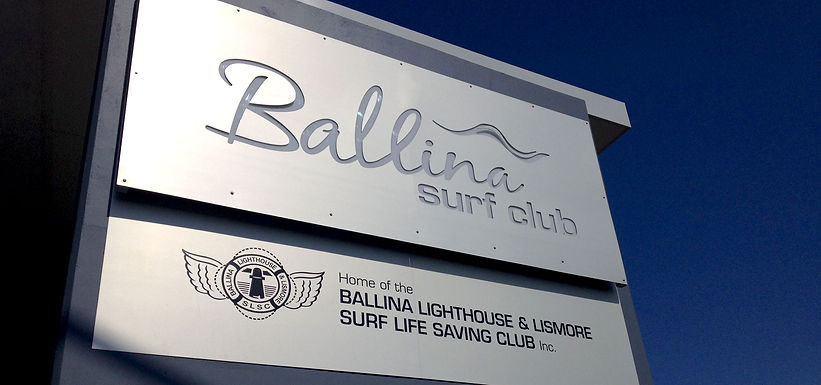 Ballina Surf Club welcome sign - metal sign panel mounted on a pylon for Ballina surf club