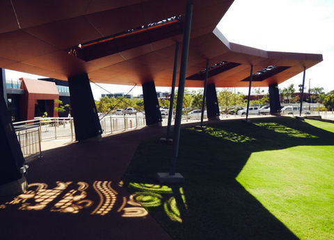 Series of laser cut steel panels installed at the Red Earth Arts Precinct in Western Australia.