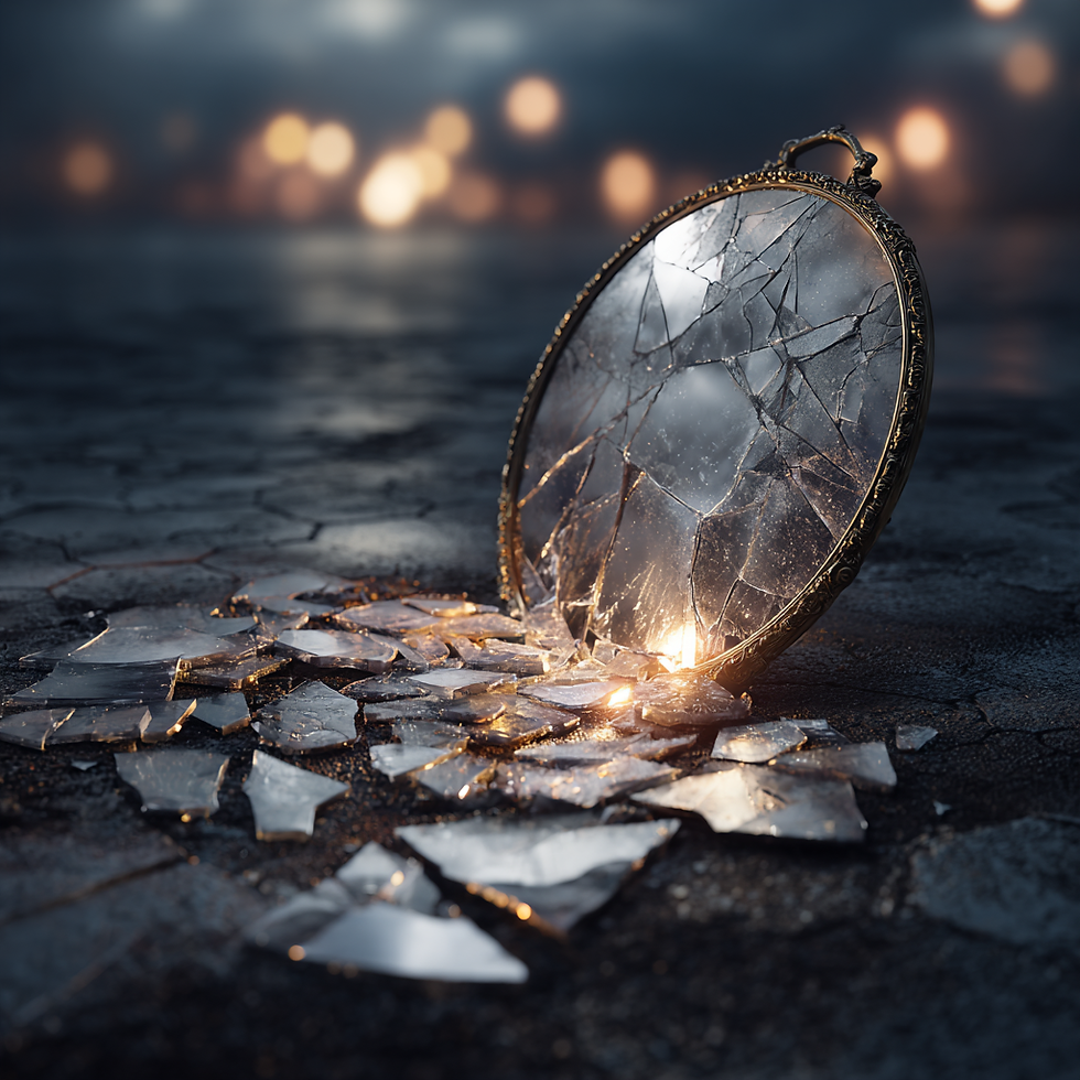 A cracked mirror on a street with lights in the background.