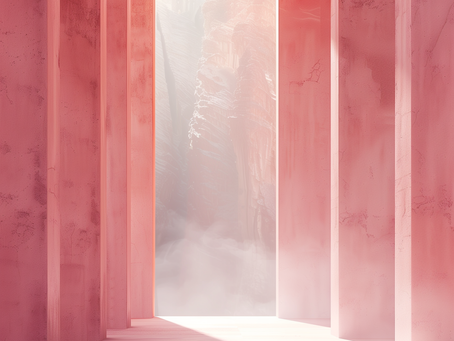 Soft pink architectural passageway opening into light, symbolizing psychological transition and preparation before a psychedelic experience