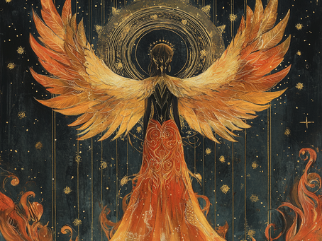 Illustrated figure with outstretched golden wings standing before a circular halo-like form, wearing flowing red and gold garments against a dark, star-filled background.