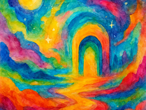 Bright watercolor illustration of a glowing arched doorway within a swirling, multicolored landscape of blues, greens, reds, and golds, with celestial shapes and flowing paths.