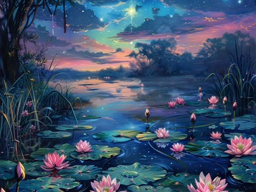 Dreamlike night landscape with lotus flowers symbolizing the unconscious mind and Jungian dream psychology.