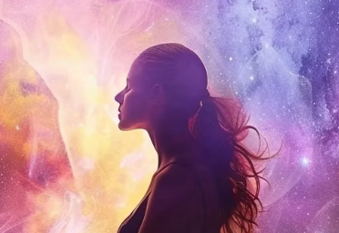 Silhouetted woman meditating in profile against a glowing cosmic background of purple, pink, and gold light.