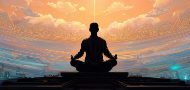 Silhouetted person meditating cross-legged against a glowing sky with layered clouds in gold, blue, and peach tones.