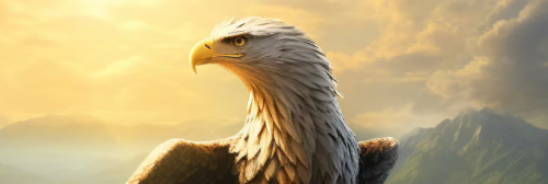 Close-up of a bald eagle with wings partly spread, lit by warm golden light against a mountain landscape.