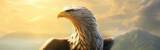 Close-up of a bald eagle with wings partly spread, lit by warm golden light against a mountain landscape.