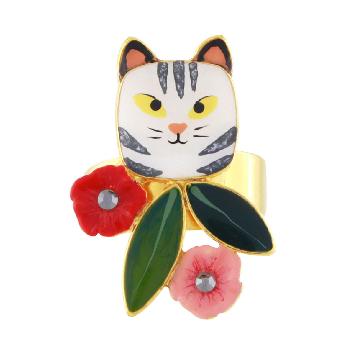 Goudkleurige ring met wit tijgerkatje, bloemetjes en blaadjes 