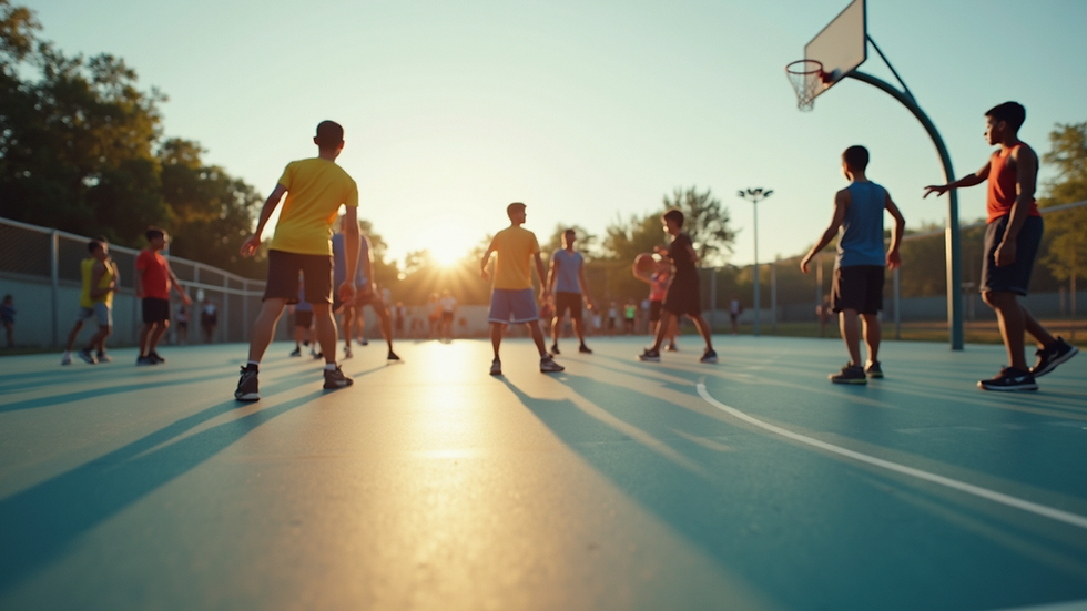 Eye-level view of a basketball court with youth players practicing