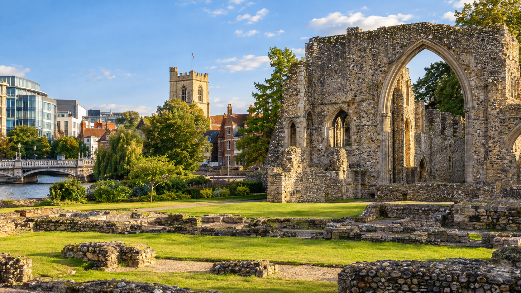 Reading Abbey Ruins and town centre representing spray cork insulation services in Reading
