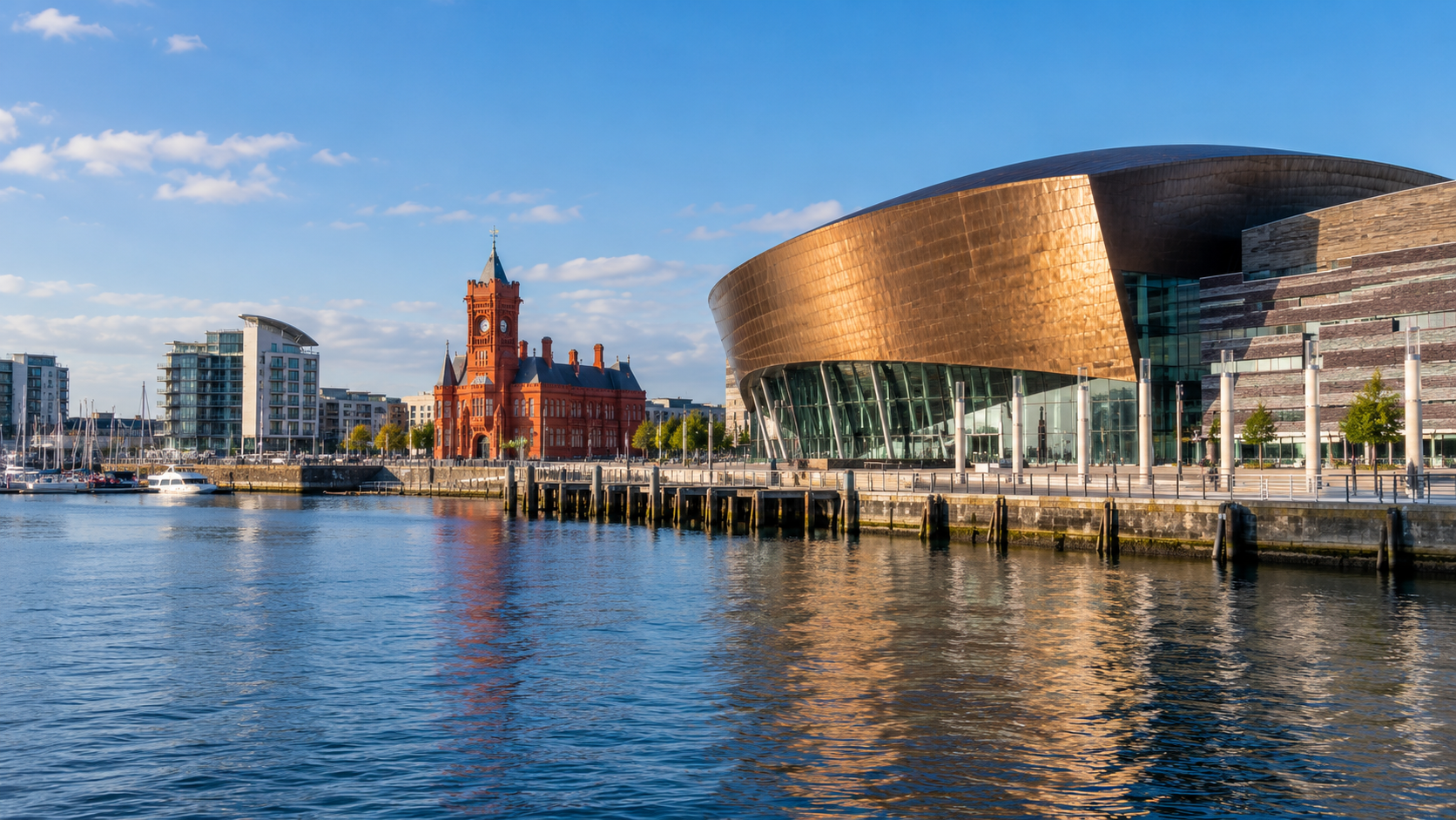 Cardiff Bay waterfront and Wales Millennium Centre representing spray cork insulation services in Cardiff