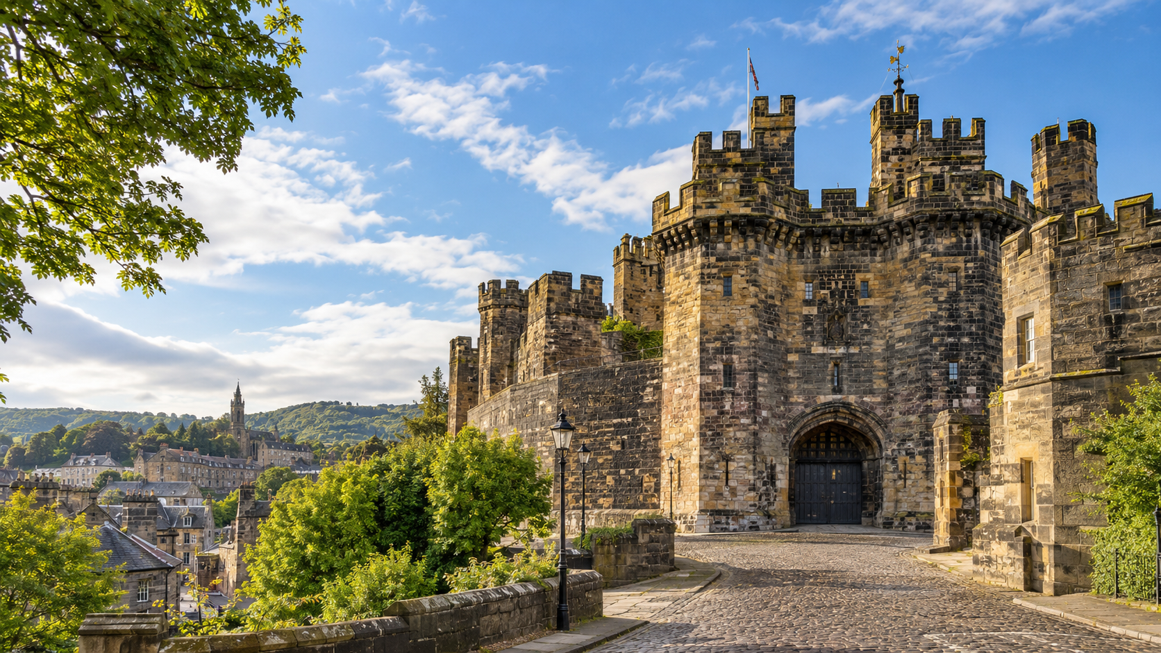 Lancaster Castle and historic cityscape representing spray cork insulation services in Lancaster