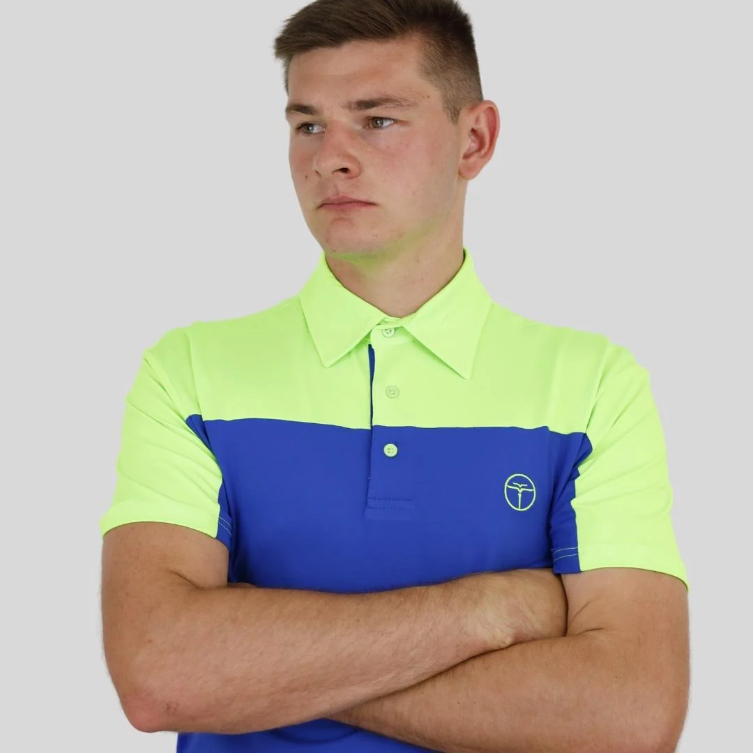 Man in neon yellow and blue OTT golf polo shirt