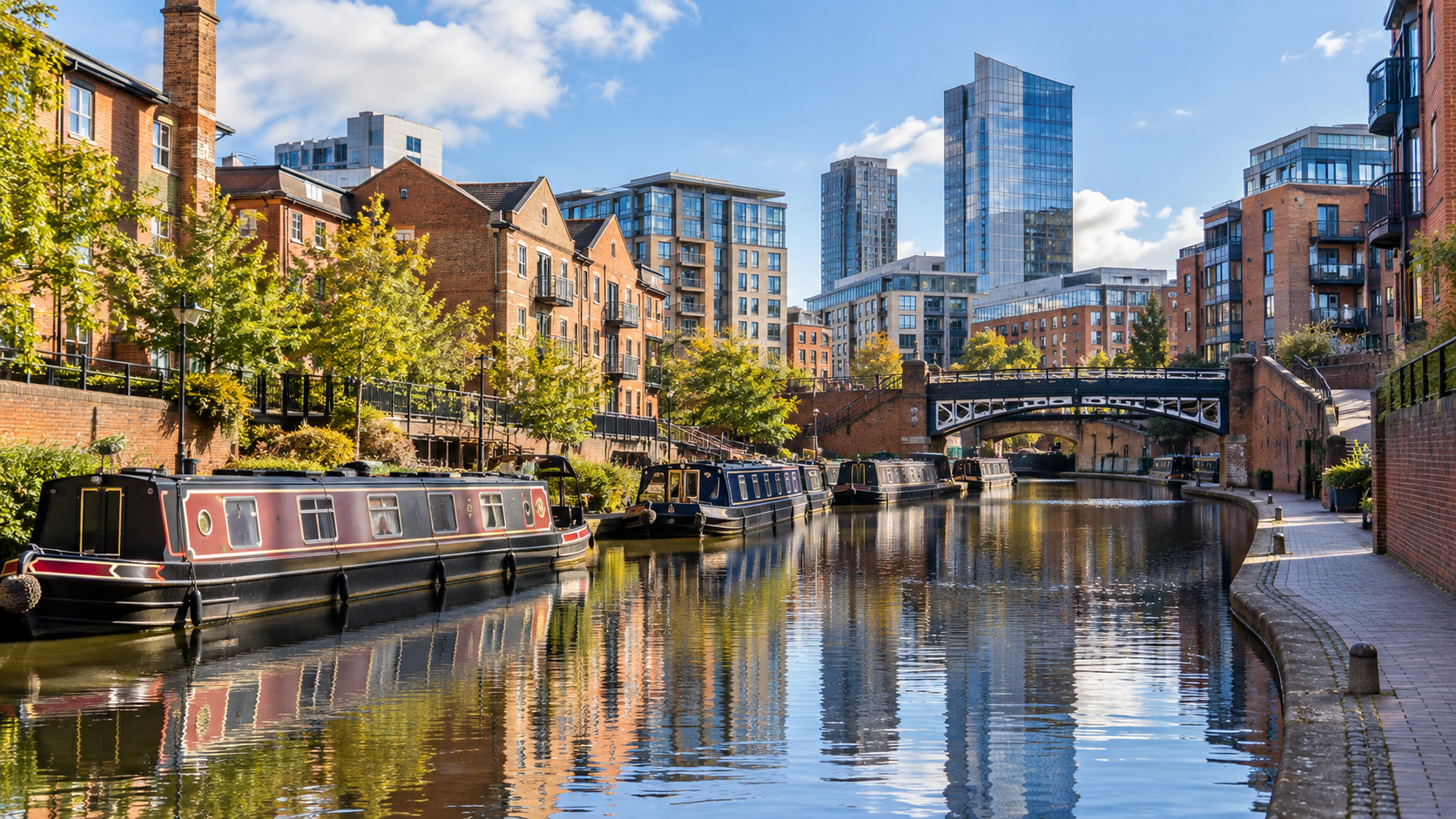 Birmingham canal district and city skyline representing spray cork insulation services in Birmingham