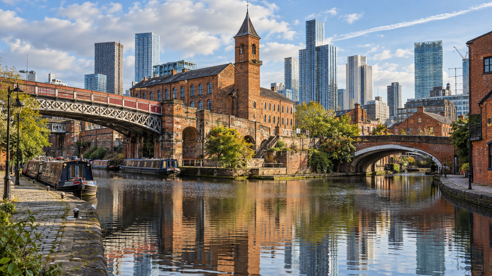 Castlefield canals and Manchester skyline representing spray cork insulation services in Manchester