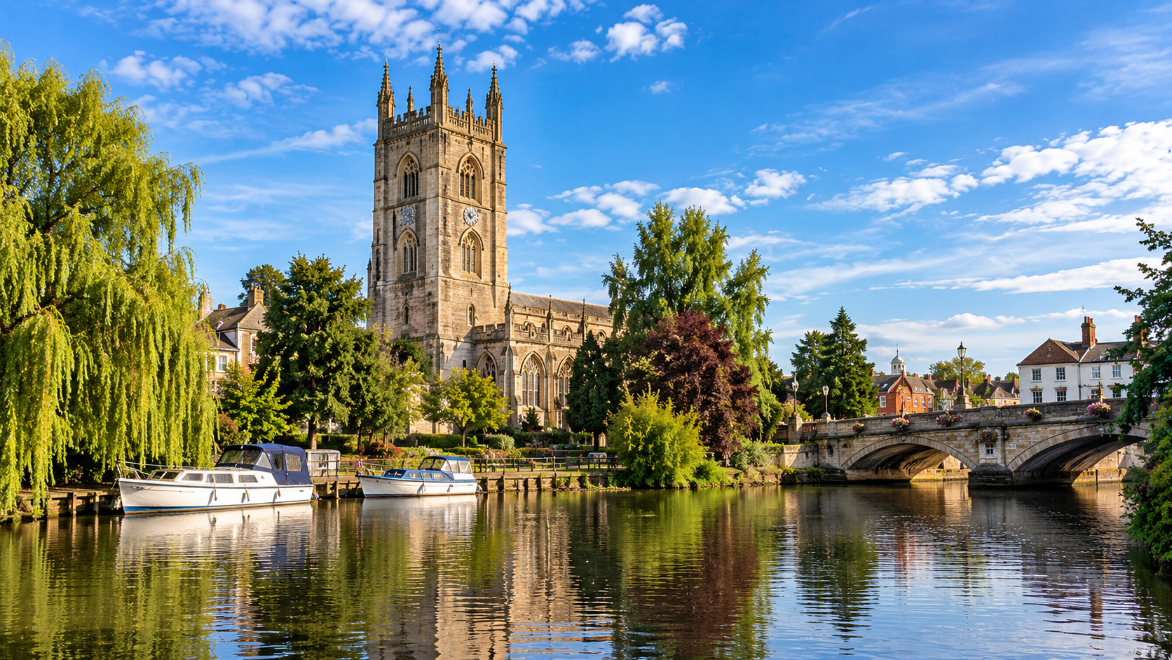 Evesham Abbey Bell Tower and River Avon representing spray cork insulation services in Evesham