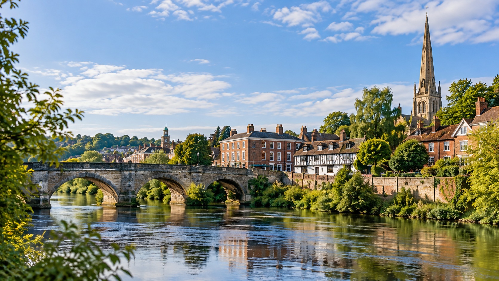 Shrewsbury riverside and historic townscape representing spray cork insulation services in Shrewsbury