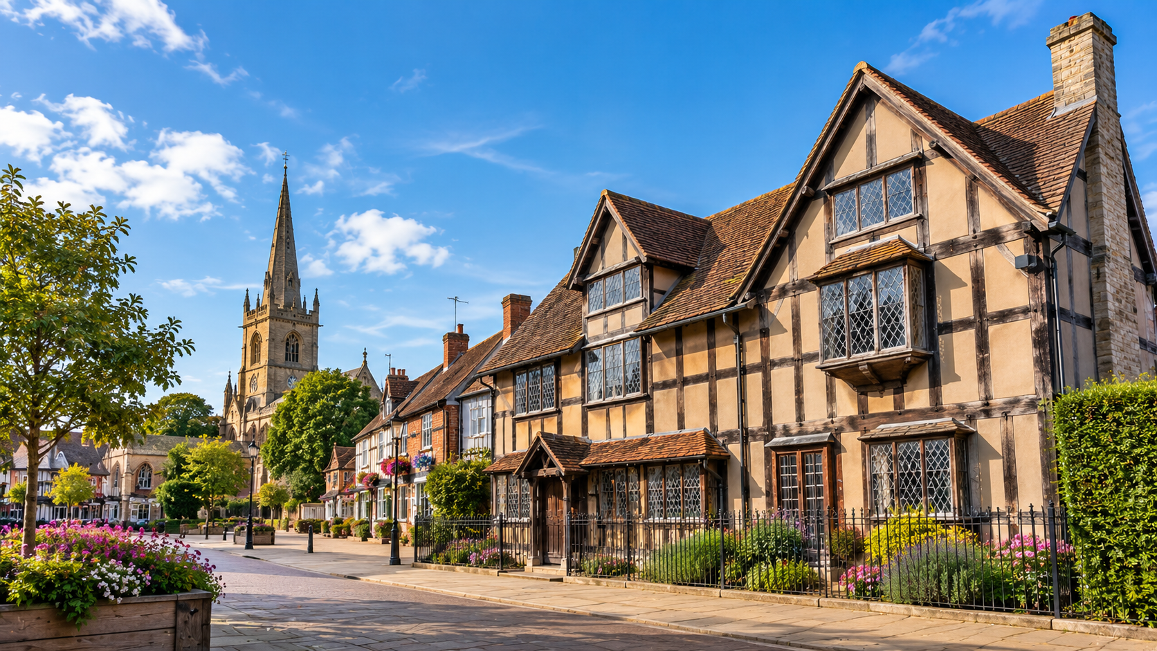 Historic Tudor streets in Stratford-upon-Avon representing spray cork insulation services in Stratford-upon-Avon