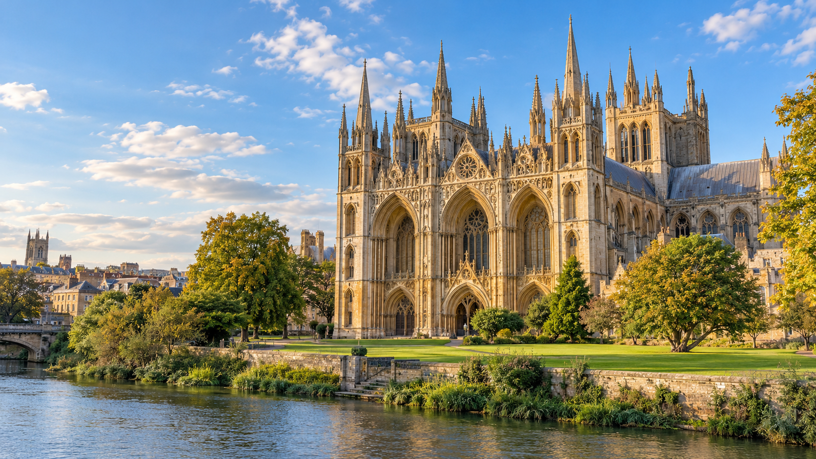 Peterborough Cathedral and riverside cityscape representing spray cork insulation services in Peterborough