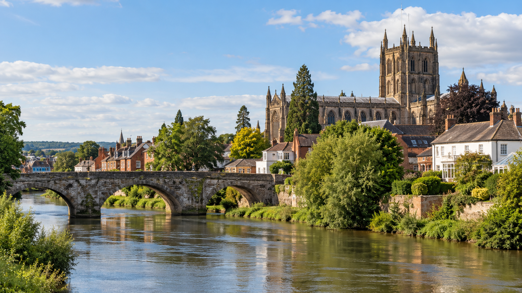 Historic Hereford riverside and city architecture representing spray cork insulation services in Hereford