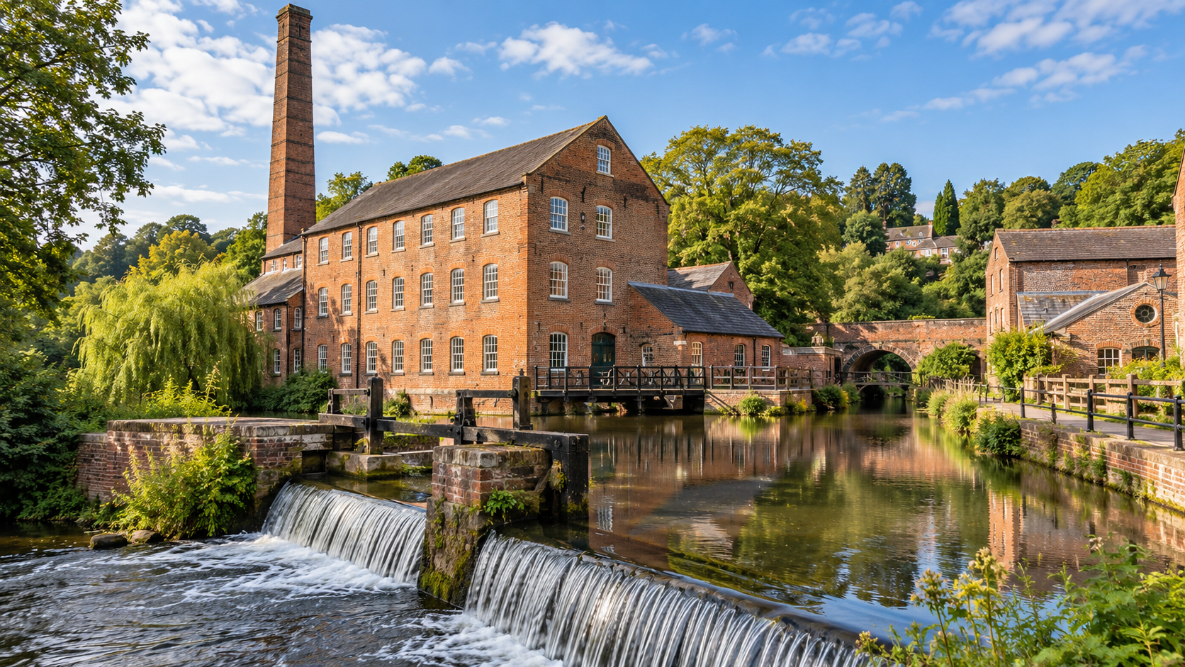 Historic riverside mill and weir representing spray cork insulation services in Redditch