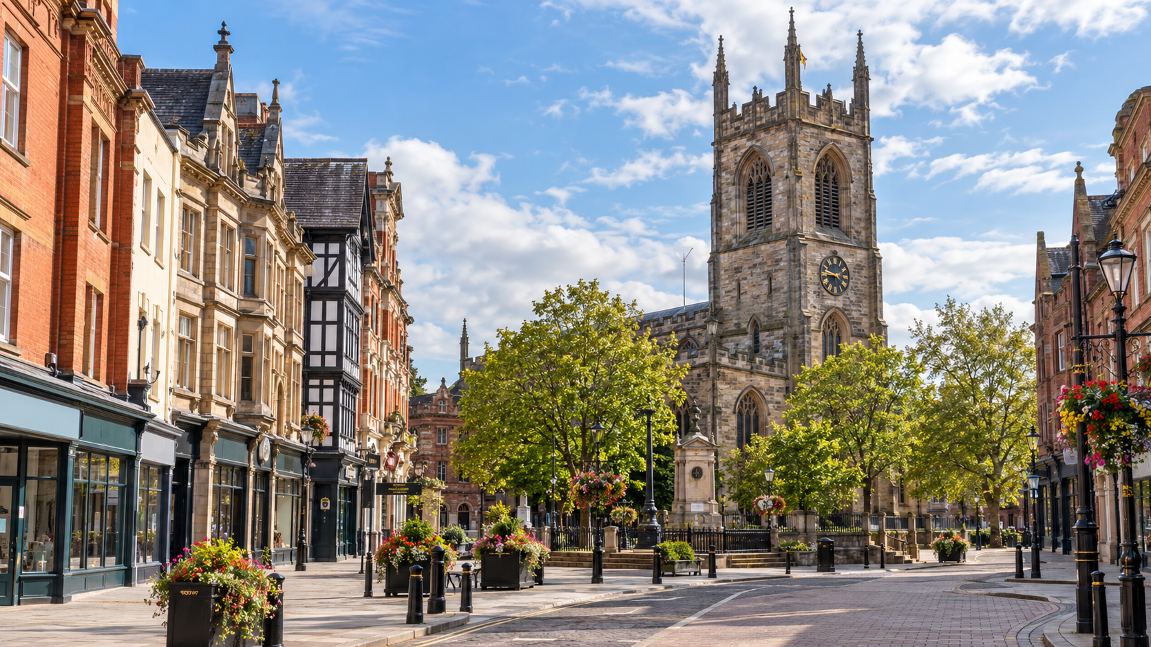 Wrexham city centre and St Giles Church representing spray cork insulation services in Wrexham