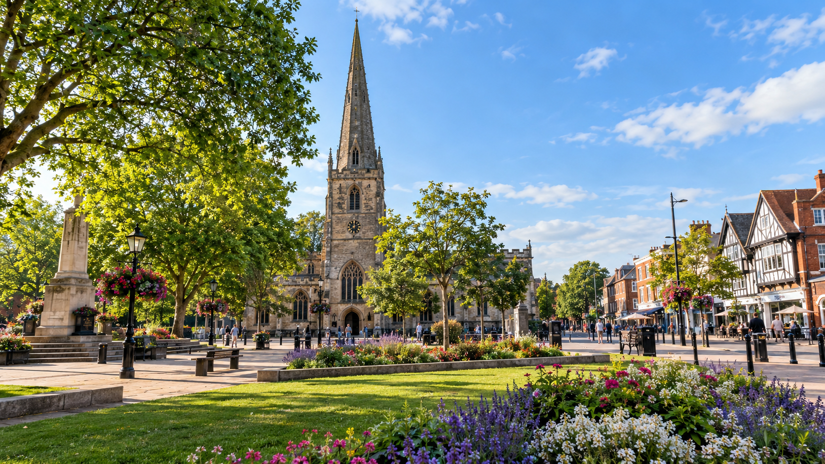 Solihull town centre and historic church representing spray cork insulation services in Solihull