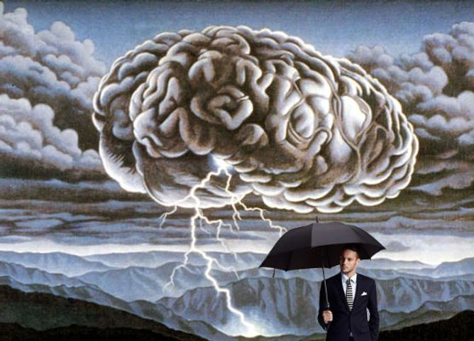 Tormenta de ideas, hombre con paraguas, brainstorming