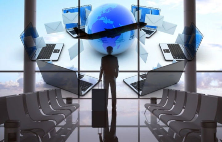 aeropuerto, ejecutivo mundo, computadoras