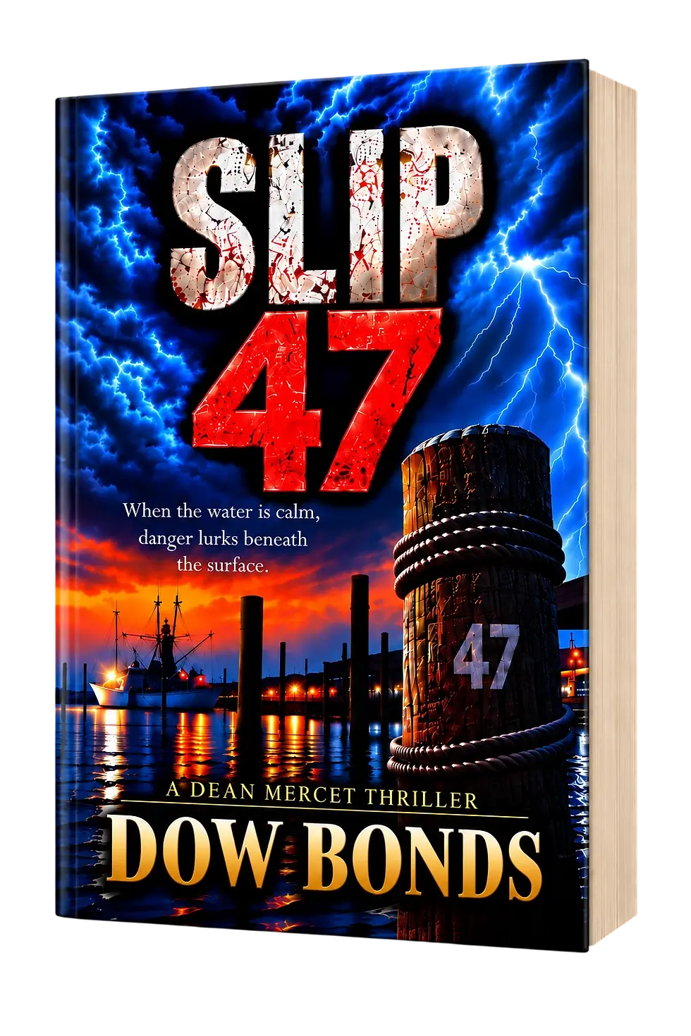 Digital illustration book cover for a thriller. It depicts a dramatic, stormy harbor at night with lightning, a boat, and a prominent wooden piling.