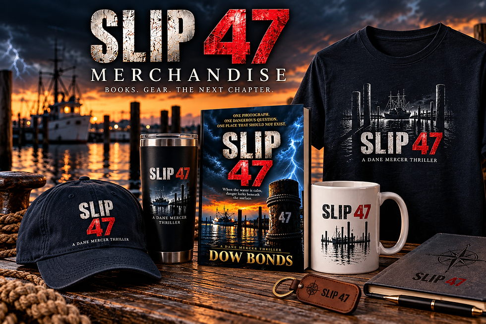 Slip 47 merchandise including book by Dow Bonds and gear.