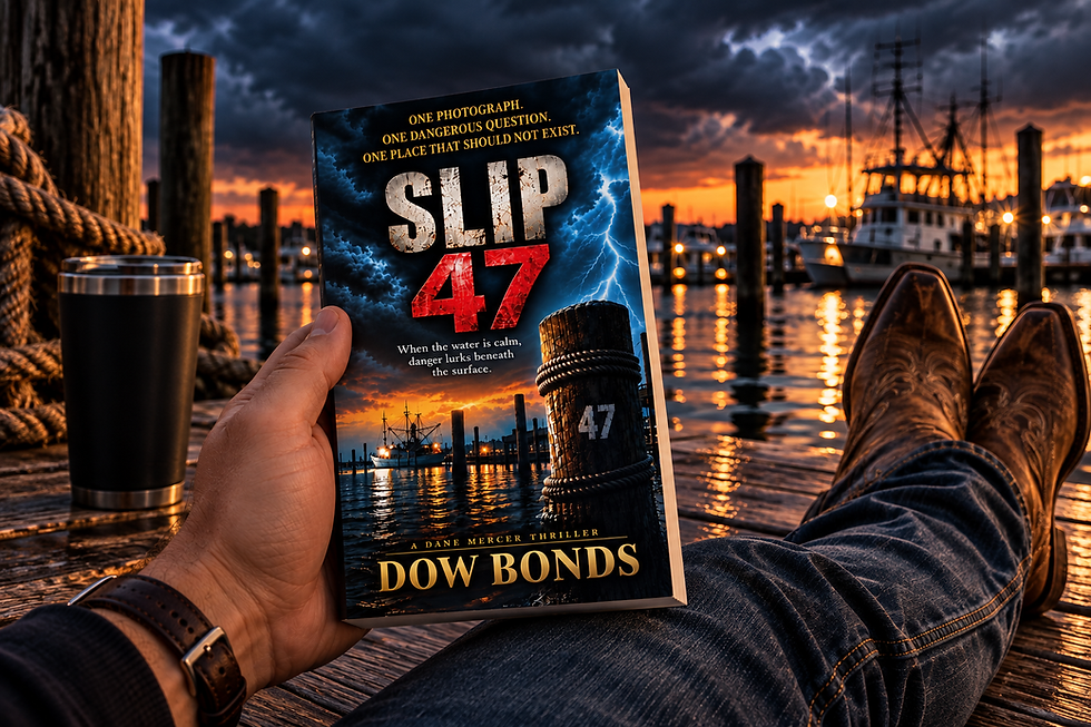 Slip 47 by Dow Bonds thriller book at a harbor sunset.