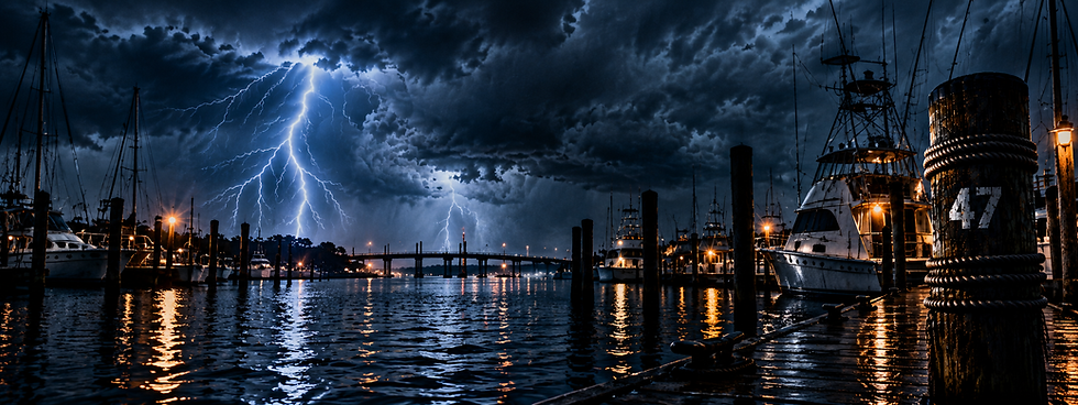 Lightning striking a harbor near Dow Bonds' latest book site