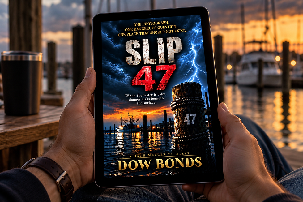 Reading Slip 47 by Dow Bonds on a tablet at sunset.