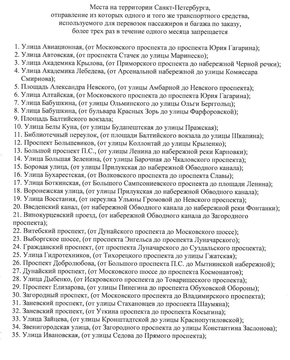 Список запретных для остановок улиц