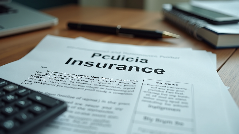 High angle view of a desk with insurance policy papers and a calculator