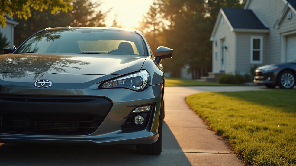 Close-up view of a car parked in a driveway with a Missouri neighborhood in the background