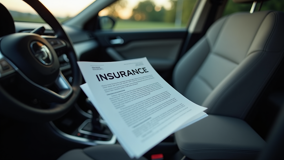 Close-up view of a car dashboard with insurance documents on the passenger seat