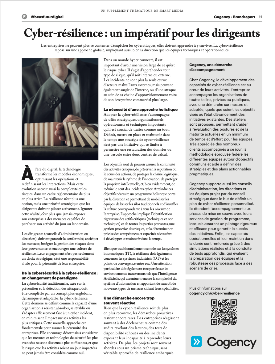 Notre article dans le magazine Bilan "Cyber-résilience : un impératif pour les dirigeants"