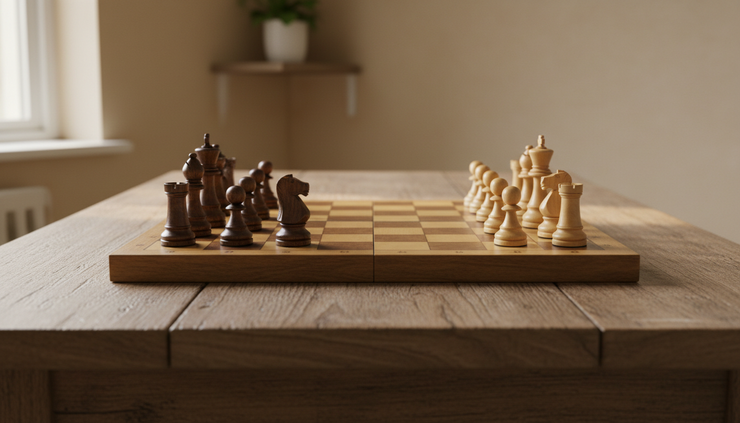 Wide-angle view of a wooden chessboard with several pieces placed in a careful midgame position.