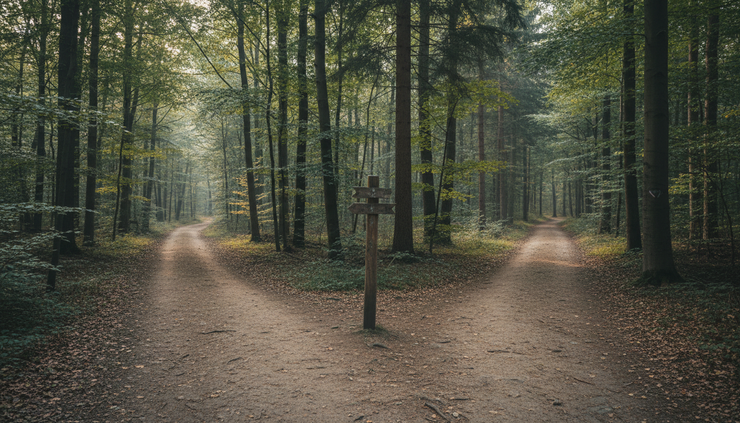 Eye-level view of a dirt trail splitting into two paths with simple wooden direction markers.