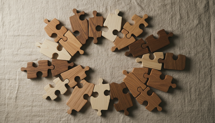 Overhead view of mismatched wooden puzzle pieces arranged near an open space.