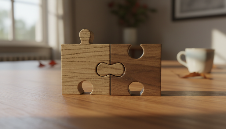 Close-up of two different puzzle pieces fitting together on a wooden table.