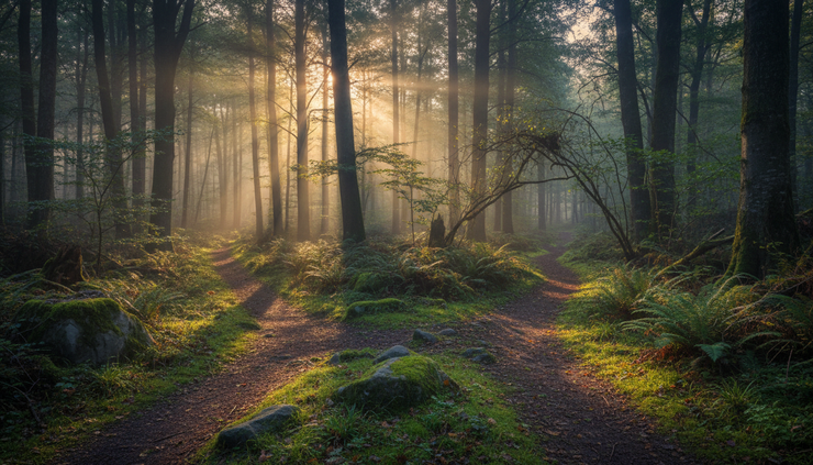Wide-angle view of a quiet trail splitting into two paths in a forest.