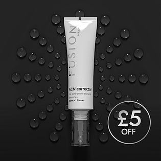 A white tube labeled "FUSION MESO ACN corrector" on a black background with water droplets. Text shows "£5 OFF." Modern and sleek design.