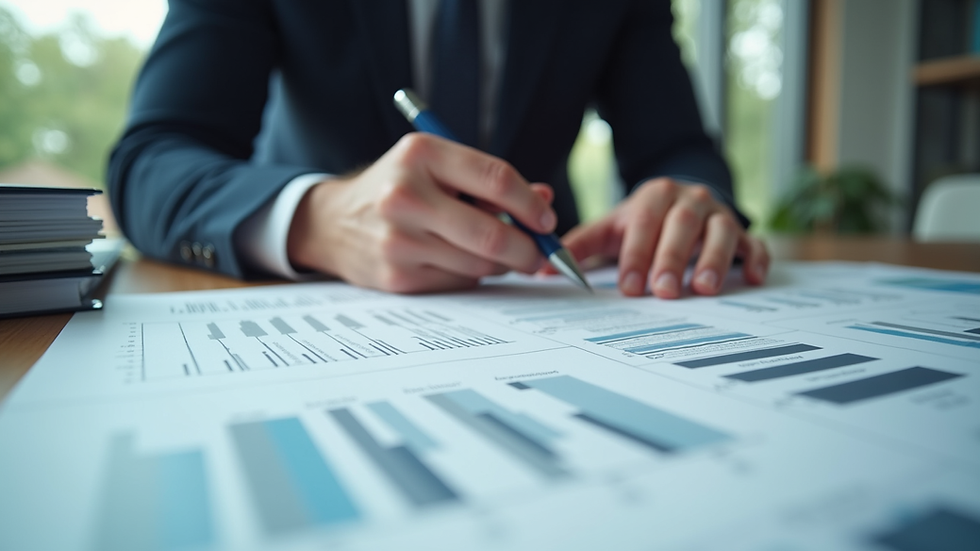 Eye-level view of a project manager reviewing a detailed project plan on a desk