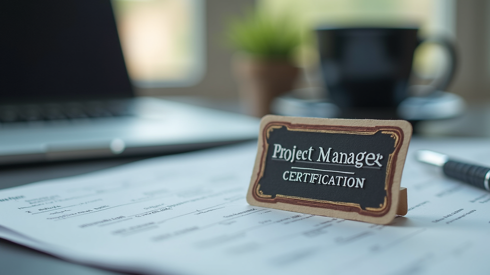Close-up view of a project management certification badge on a desk