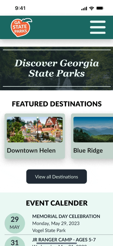 A GIF of the homepage for my Georgia State Parks website redesign for mobile