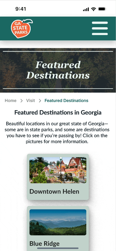 A GIF of the featured destinations page for my Georgia State Parks website redesign for mobile