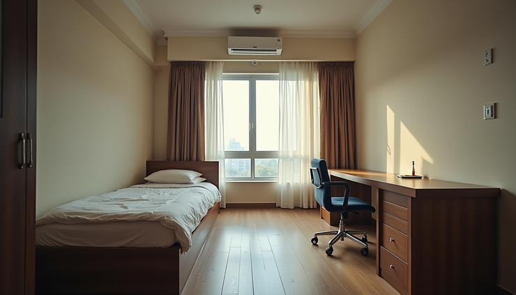 High angle view of a cozy PG room with study desk and bed in Kharghar